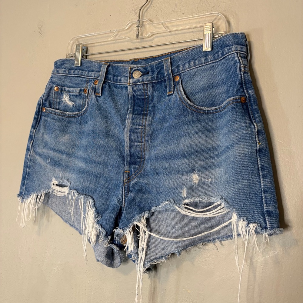 Levis Premium 501 Button Fly Cutoff Jean Shorts Women 32 Blue Distressed Raw Hem